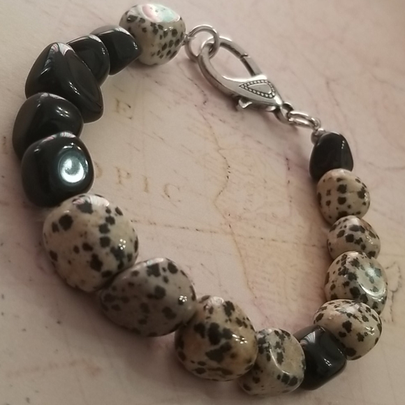 Dalmatian Jasper, Black Obsidian bracelet - Picture 2 of 8